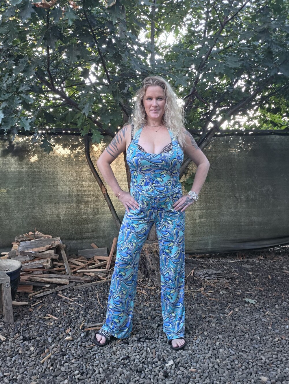 Nikki Poulos Blue Paisley Halter Jumpsuit Bohemian 70s Retro Resortwear Vacation